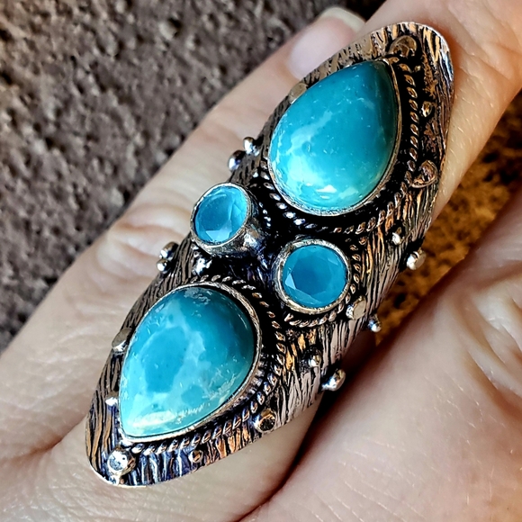 New Mosaic Jasper and Chalcedony 925 Silver Statement Ring. - Picture 6 of 13